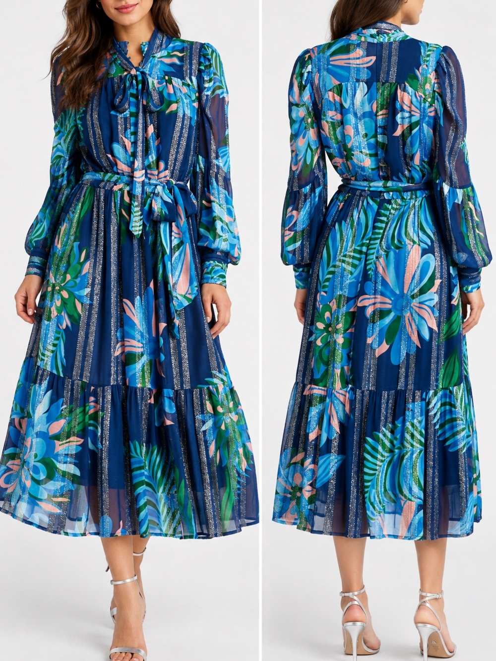 Ciebon Adele Blue Floral Metallic Belted Midi Dress